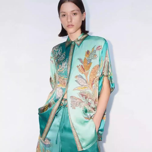 Vintage Printed Satin Sleeve Lapel Shirt Fashion Casual Suit