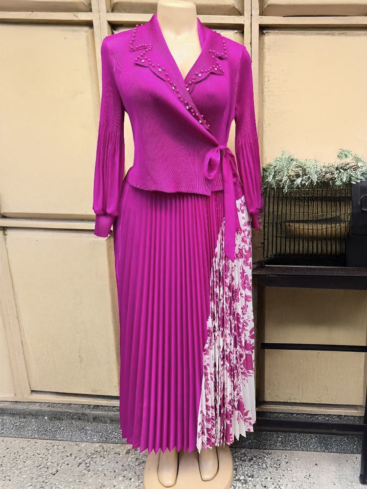 Women's Fake Two Pieces Pleated Print Dress Dresses