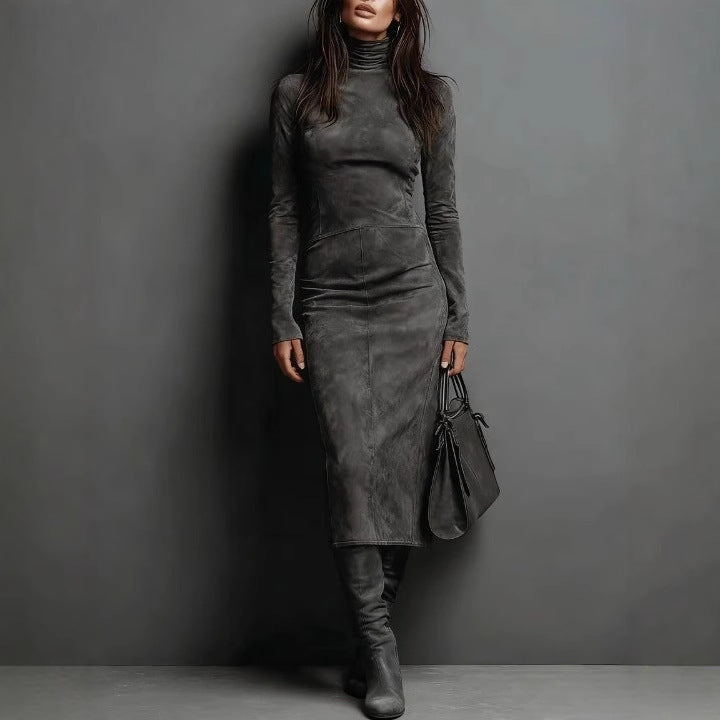 Autumn Retro Turtleneck Long Dress Solid Dresses