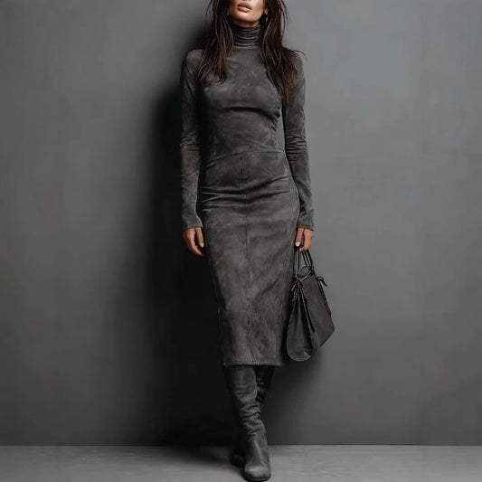 Autumn Retro Turtleneck Long Dress Solid Dresses