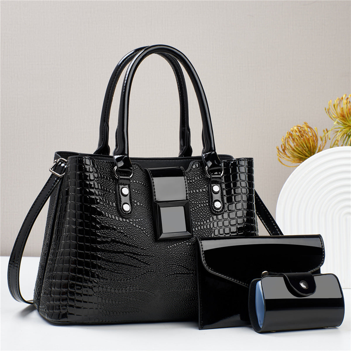 2 High-grade Three-piece Bright Leather Lizard Handbags