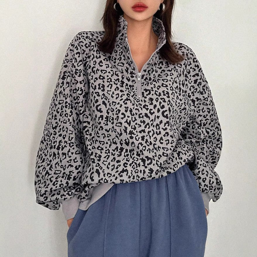 Style Stand Collar Sunken Stripe Leopard Sweaters