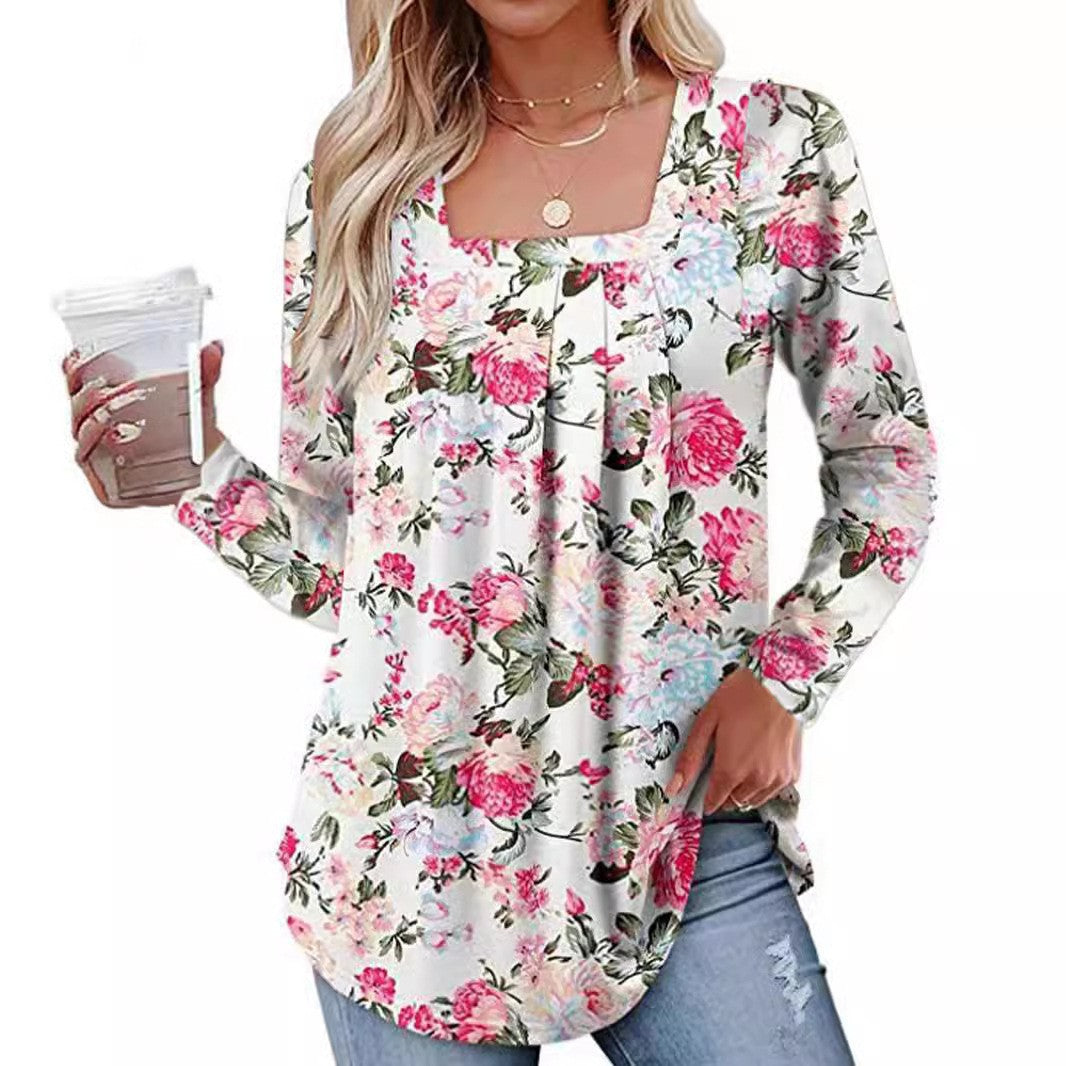 Women's Bohemian Style Ladies Pleated Square Collar Long Sleeve Swallowtail Women's T-shirt