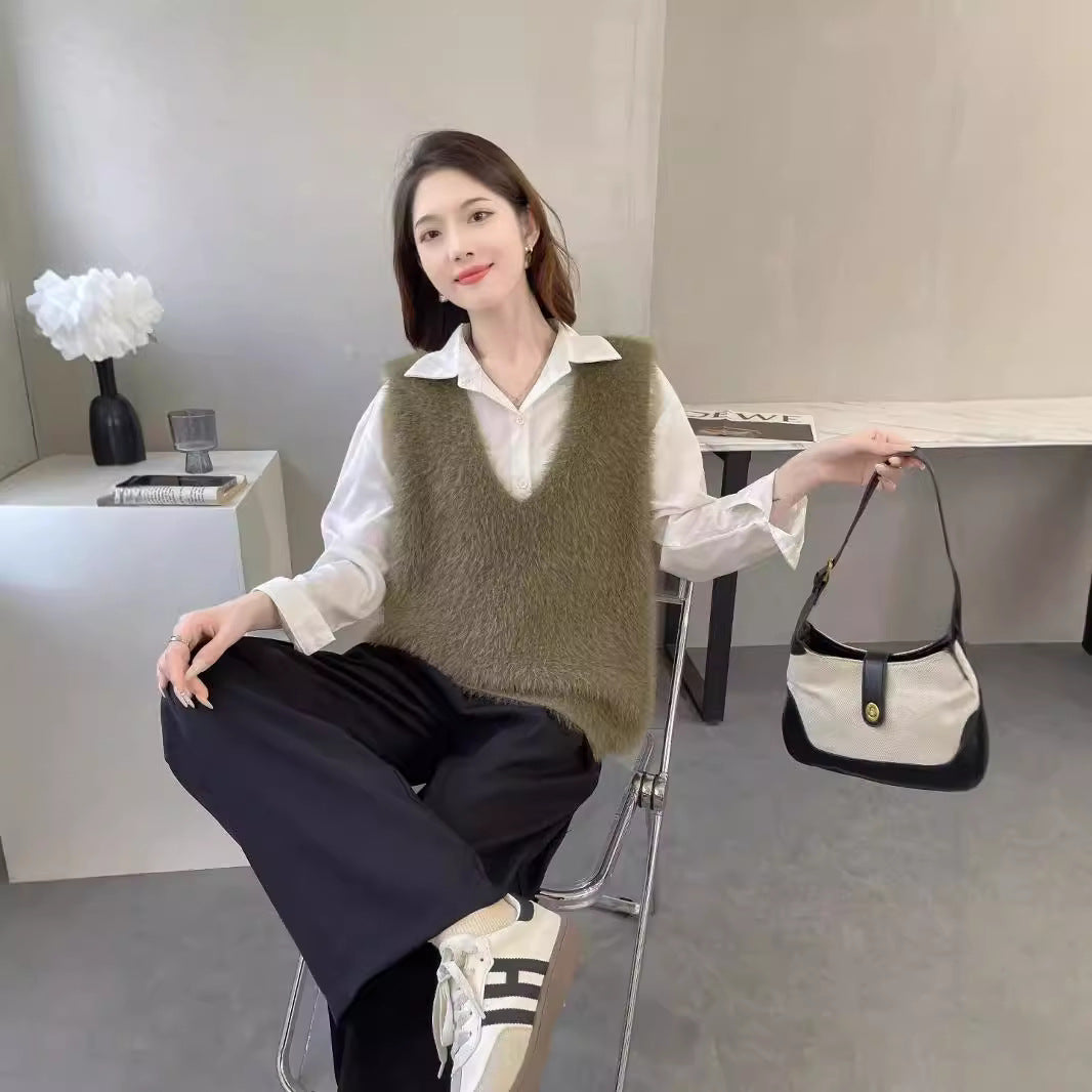 Women's Knitted Solid Color Pullover Sleeveless Fashionable Women's Vest