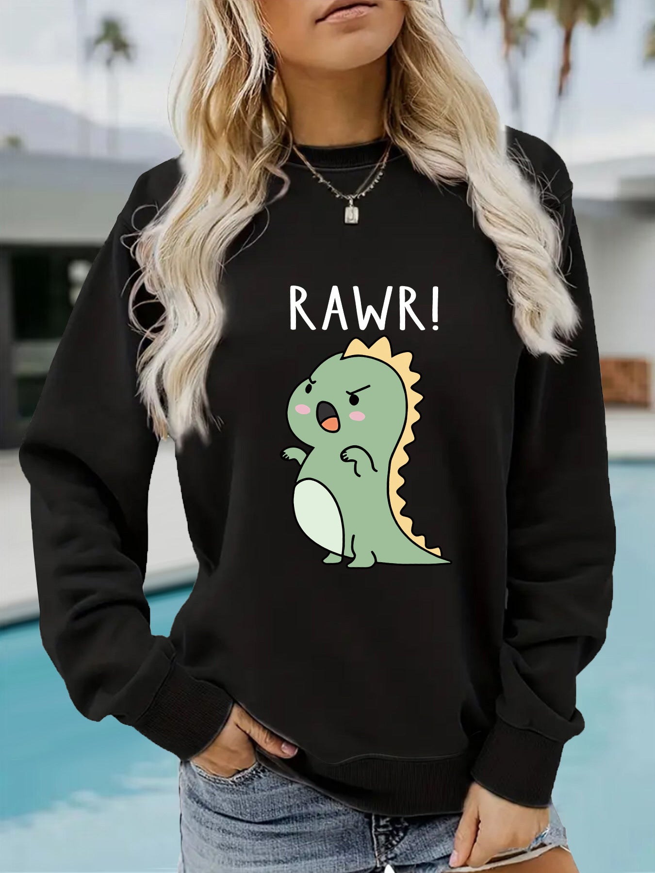 Women's Sleeve Round Neck Cartoon Dinosaur Print Sweaters