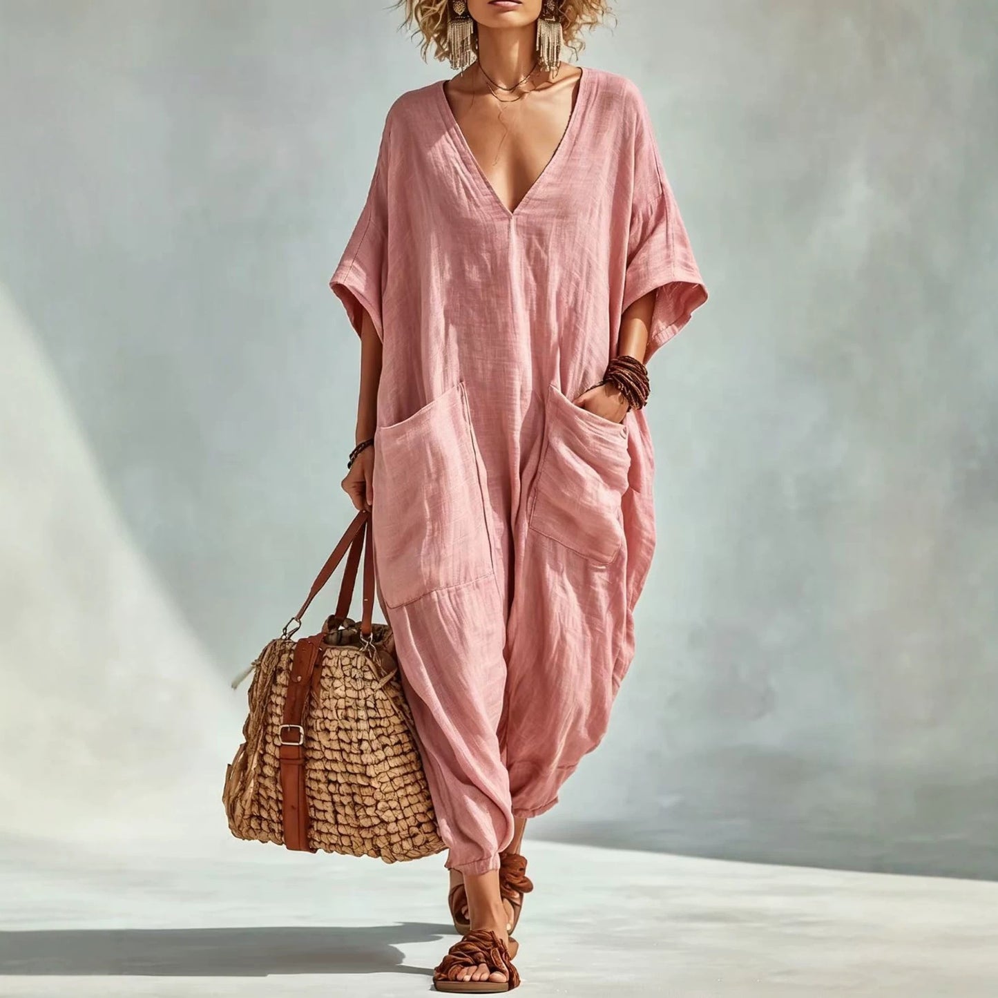 Women's Cotton Linen Loose Large Pocket Bloomers Beach Jumpsuits