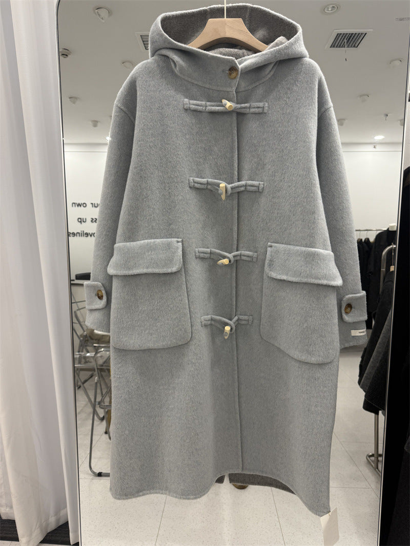 Women's Button Double-sided Wool Overcoat Loose Hooded Alpaca Coats
