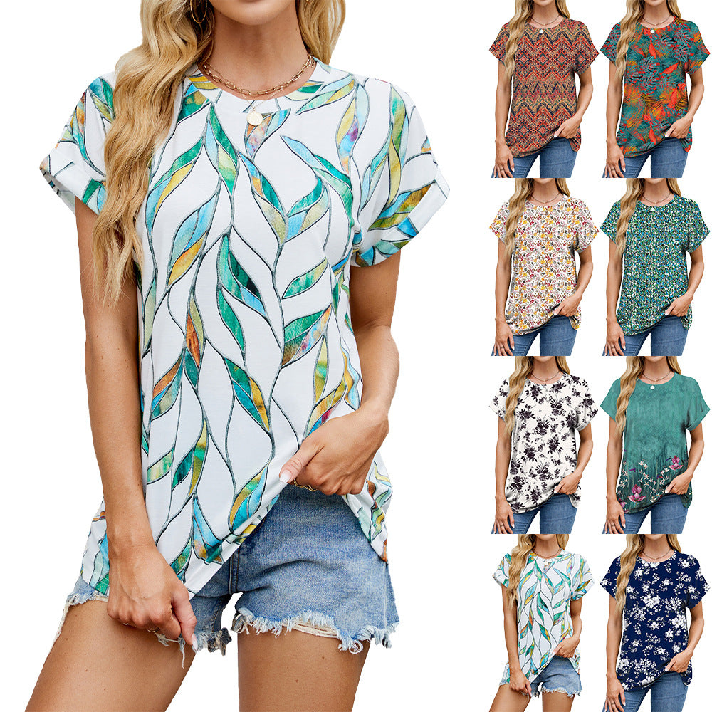 Women's Summer Printed Round Neck Loose Sleeves Women's T-shirt