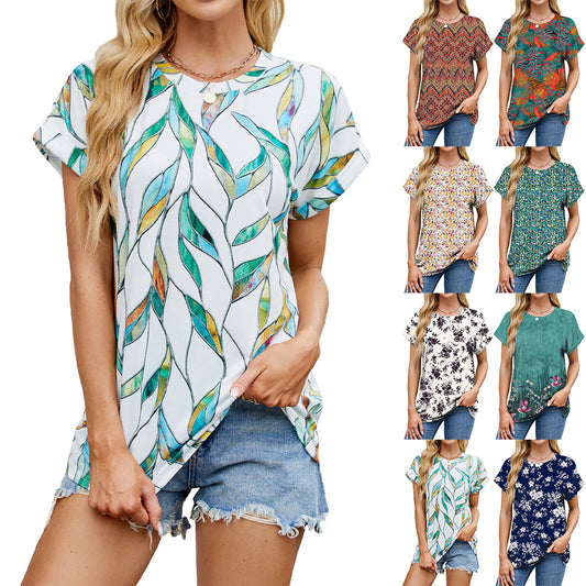 Women's Summer Printed Round Neck Loose Sleeves Women's T-shirt