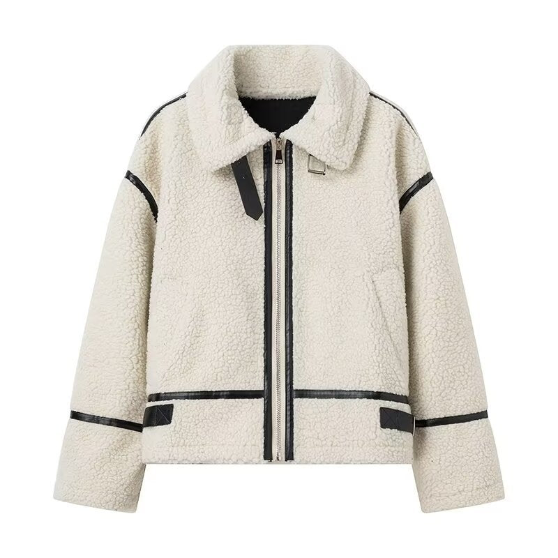 Women's Lapel Contrast Color Lamb Wool Zipper Jackets