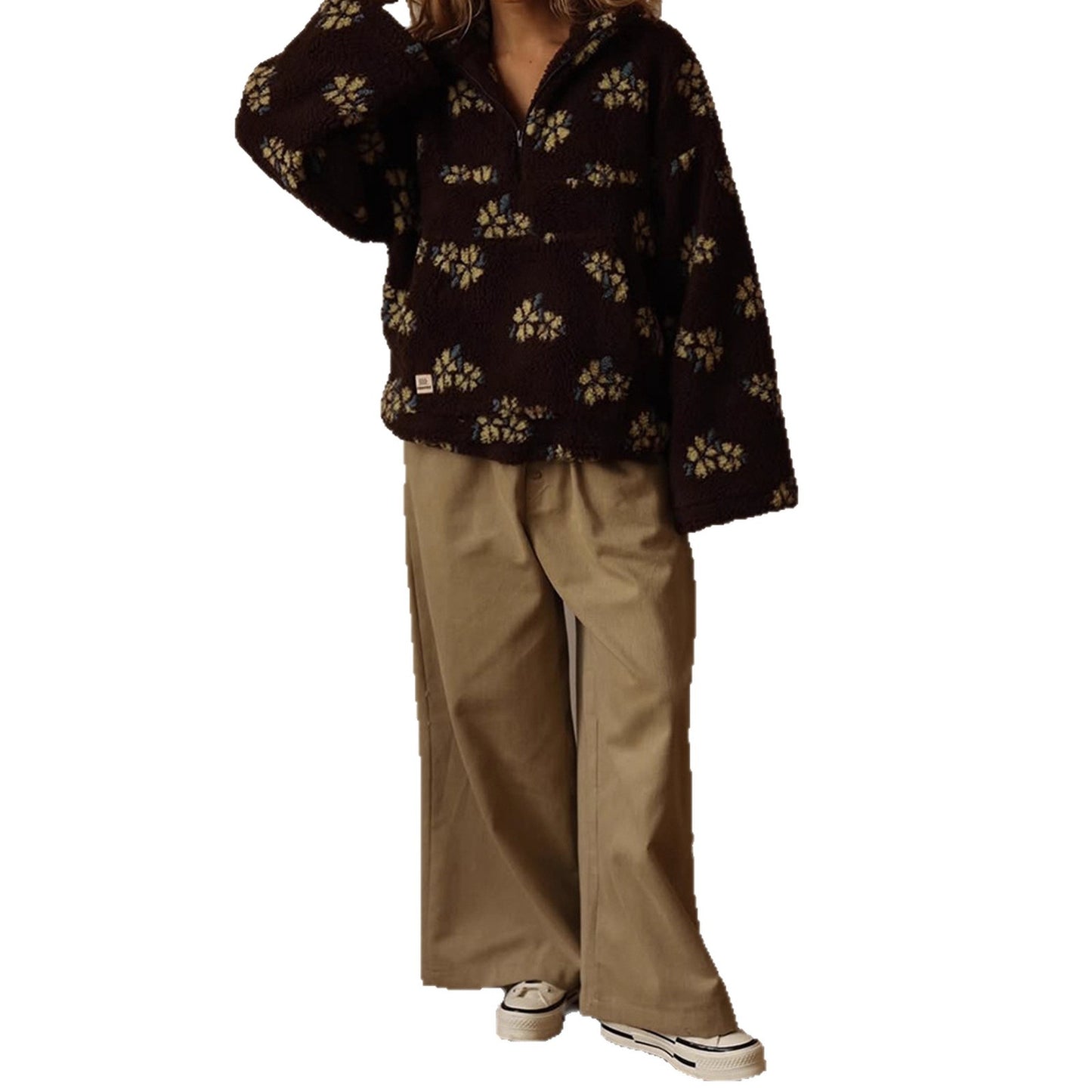 Floral Loose Fleece Shirt Fashion Zipper Pocket Sweaters