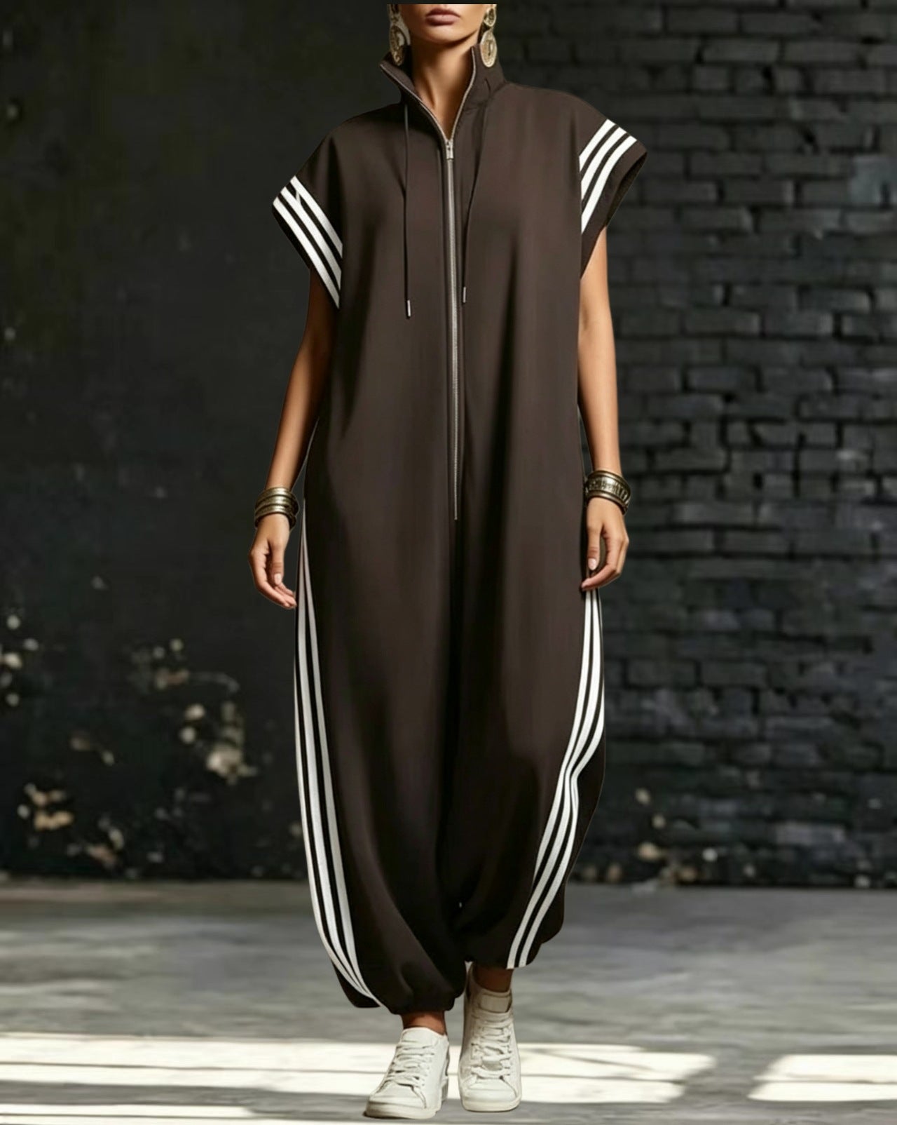 Women's Zipped Stand Collar Striped Contrast Color Jumpsuits