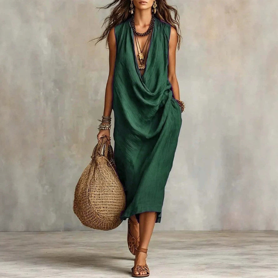Women's Casual Sleeve Loose Swing Collar Cotton Linen Dress