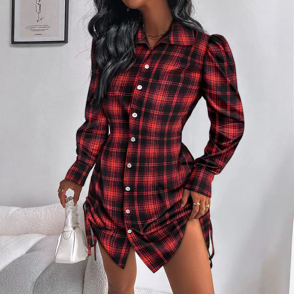 Fashion Brushed Plaid Long Sleeve Shirt Skirts