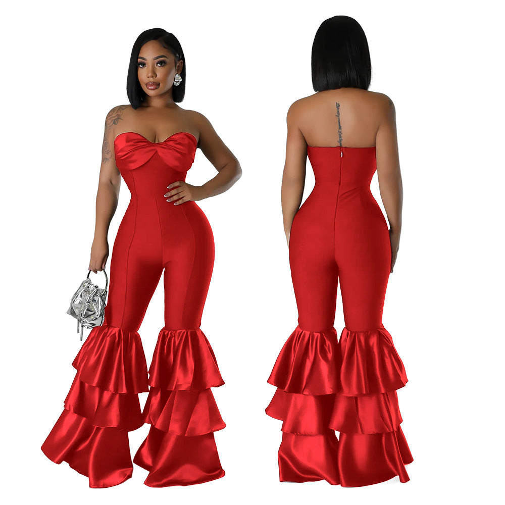Women's Fashion Sexy Tube Solid Color Pleated Jumpsuits