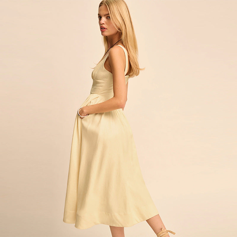 Linen Yellow Square Collar Pure Desire Style Vacation Mid-length Dresses