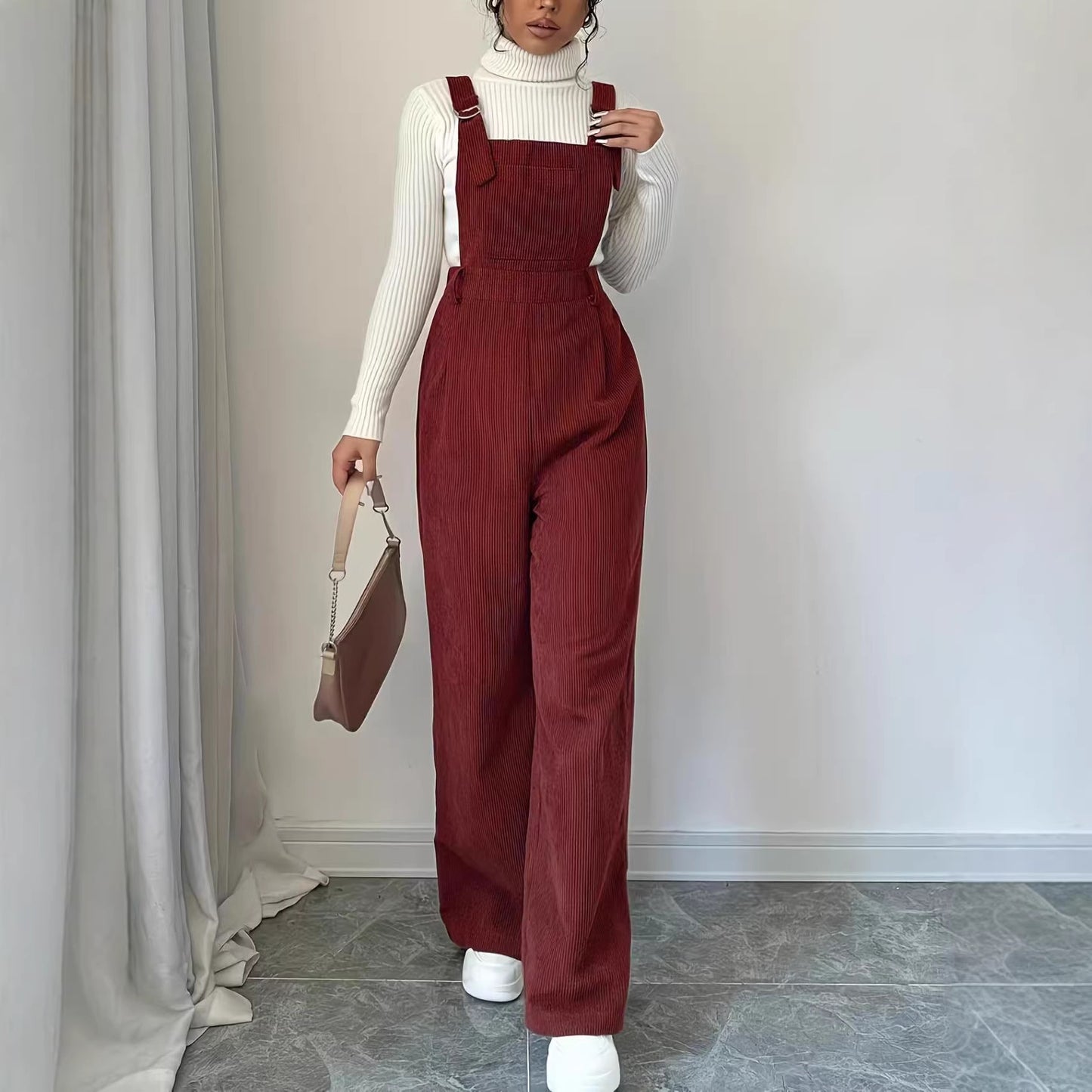 Women's Corduroy Overalls Loose Straight Trousers Jumpsuits