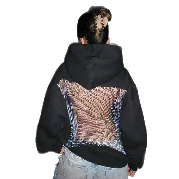Women's Hooded Long Sleeve Backless Stitching Mesh Women's Sweater, Sweater