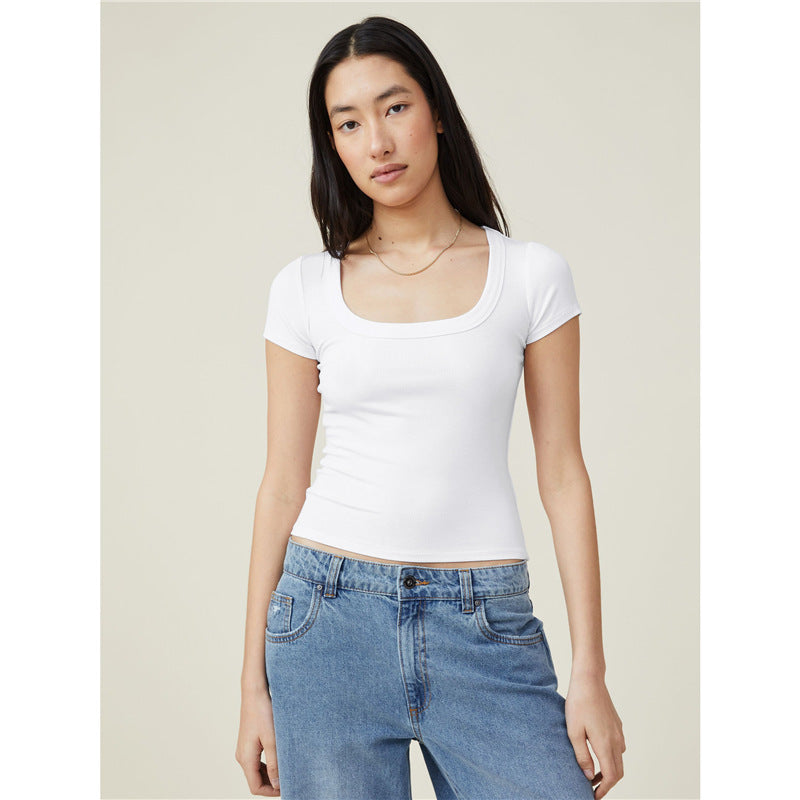 Women's Summer Cropped Slim Fit Square Collar Short-sleeved Thread Vests