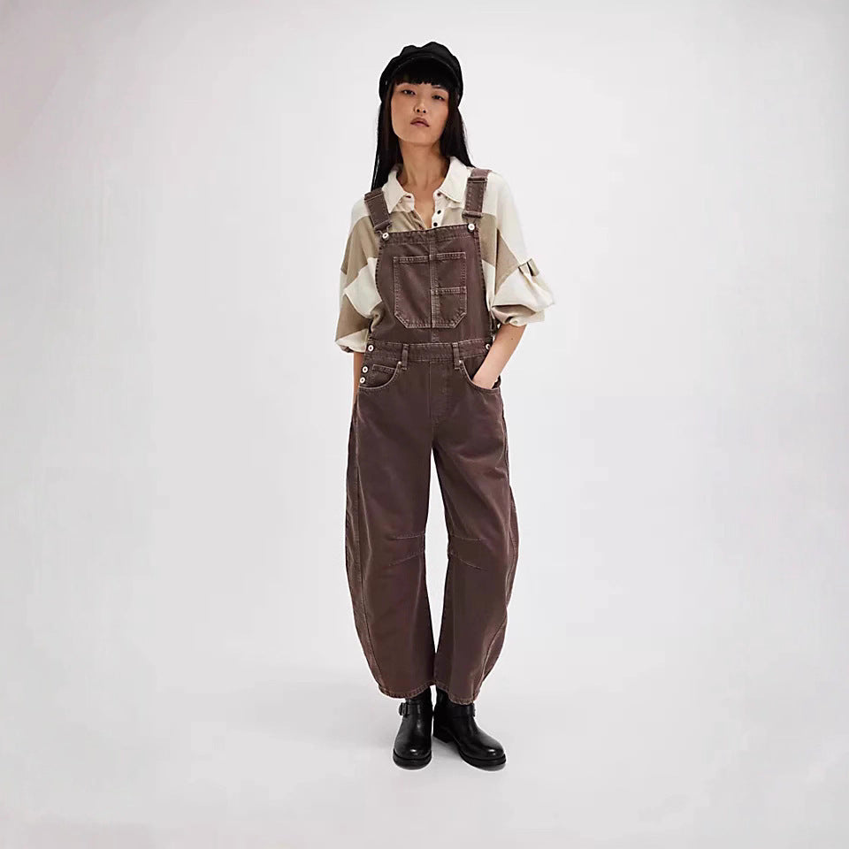 Women's Street Washed-out Vintage Loose Straight Suspender Women's Jeans