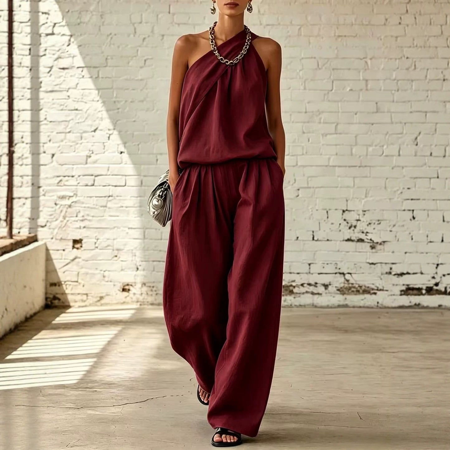 Linen Sleeveless Cold-shoulder Solid Color Wide Fashion Casual Suit