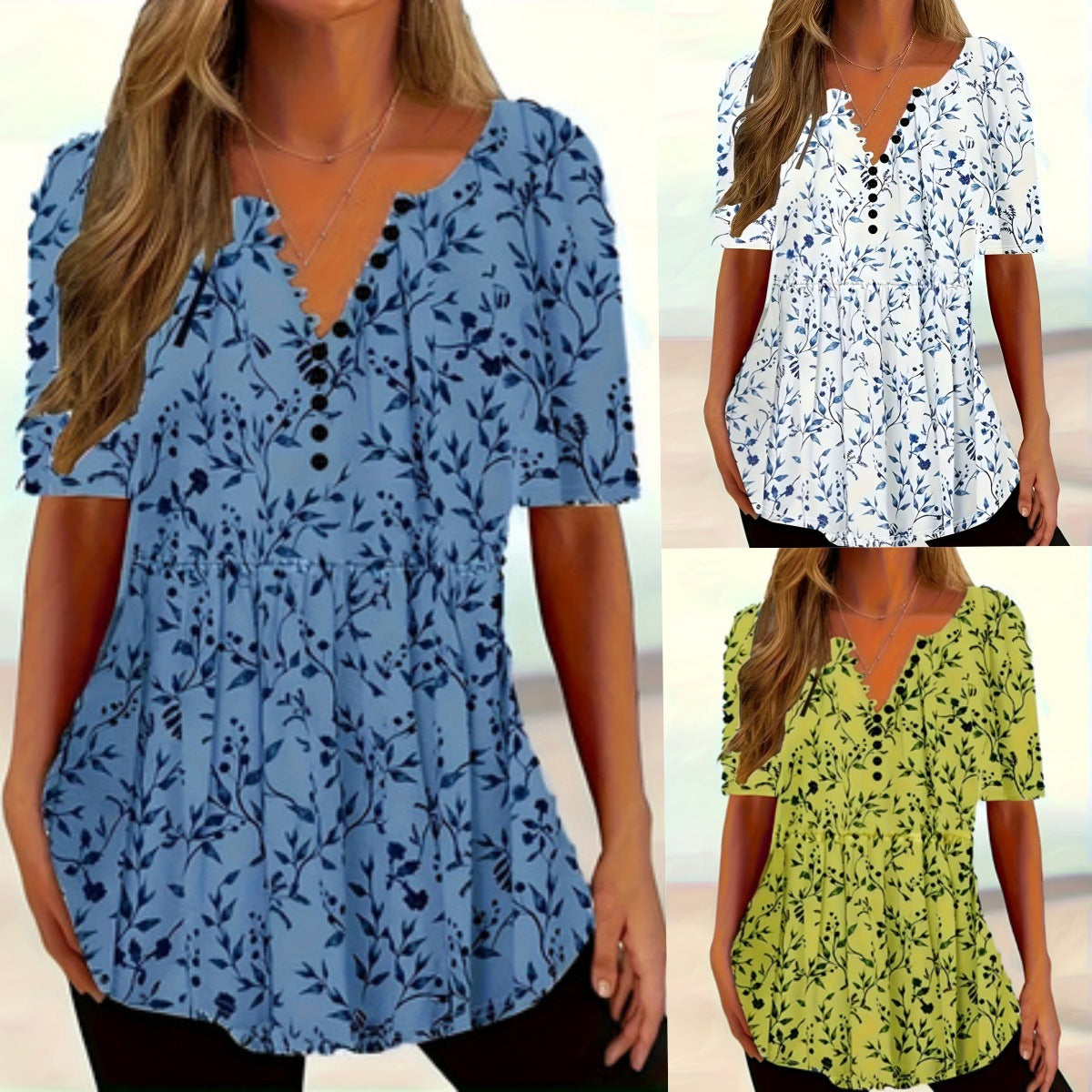 Women's Summer Collar Button Sleeve Casual Printed Shorts