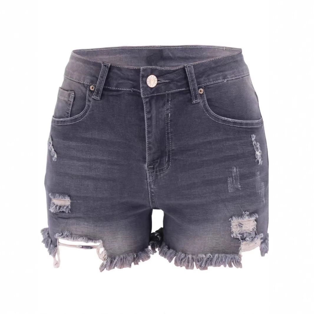 Women's Denim High Waist Elastic Hole Shorts