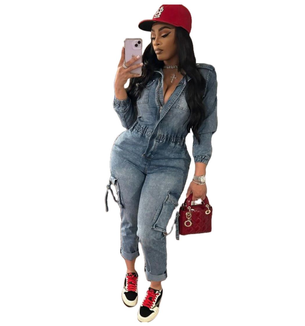 Denim Fashion Wash High Elastic Long Sleeve Jumpsuits