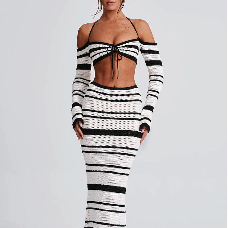 Women's Hot Summer Striped Long Sleeve Halter Two-piece Suits