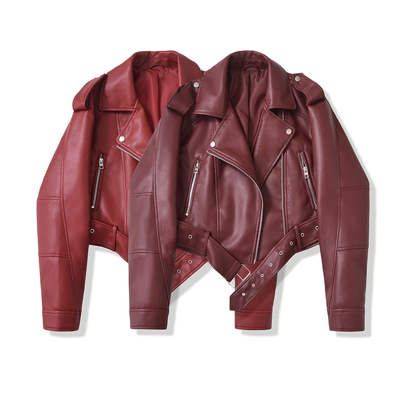 Women's Two-color Leather Distressed Lapel Baggy For Coats