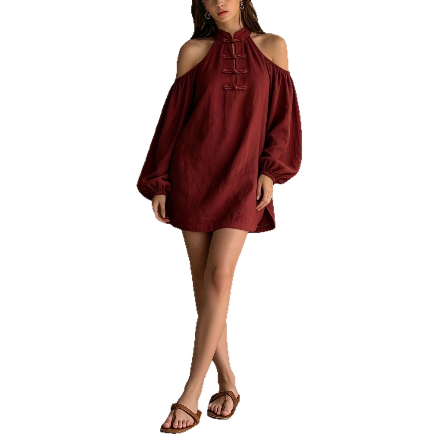 Women's Autumn Show Shoulder Long Sleeve Solid Color Loose Dress