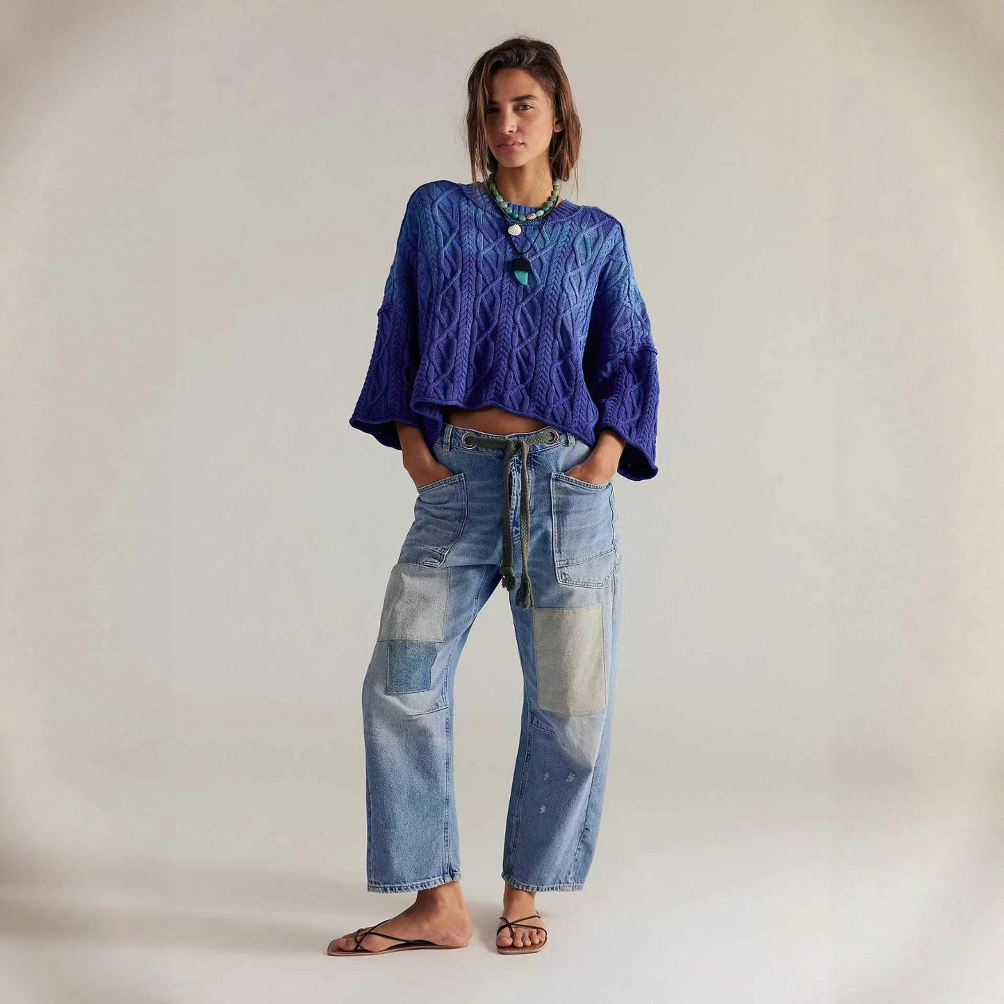 Retro Washed Stitching Patchwork Straight Drawstring Women's Jeans