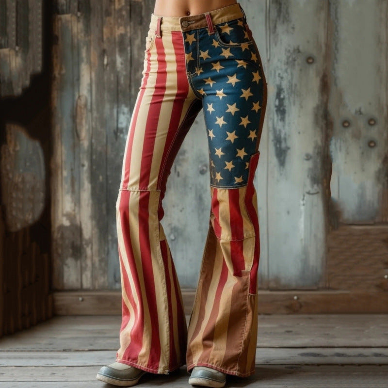 Women's Digital Printing Fashion Slimming Denim Bell-bottom Jumpsuits
