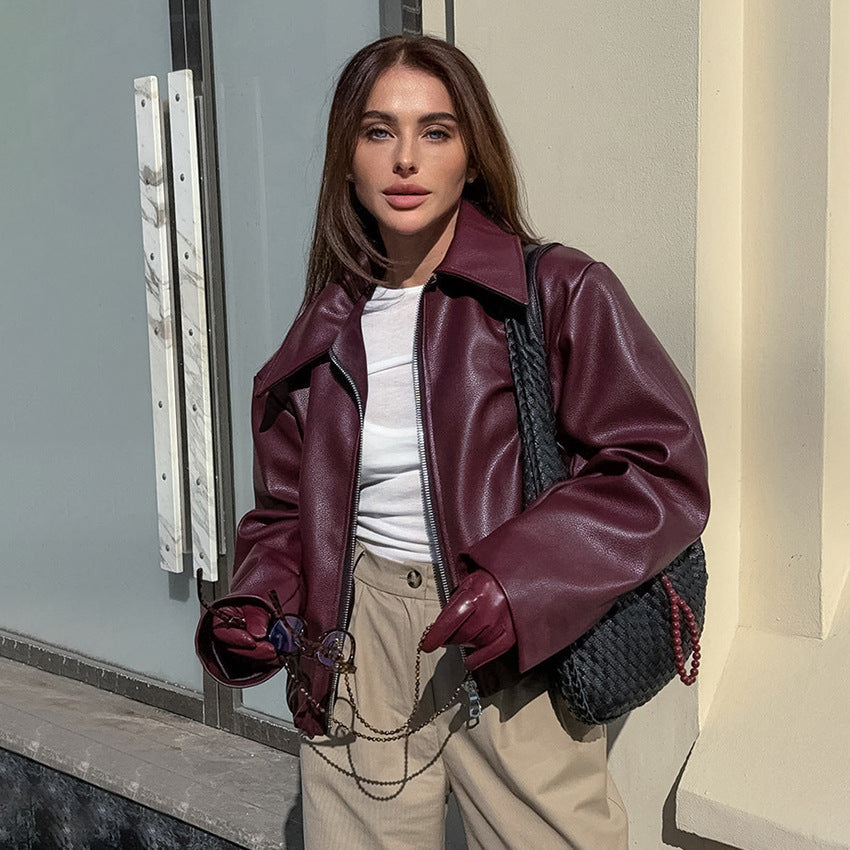Women's Retro Style Wine Red Leather Autumn Jackets
