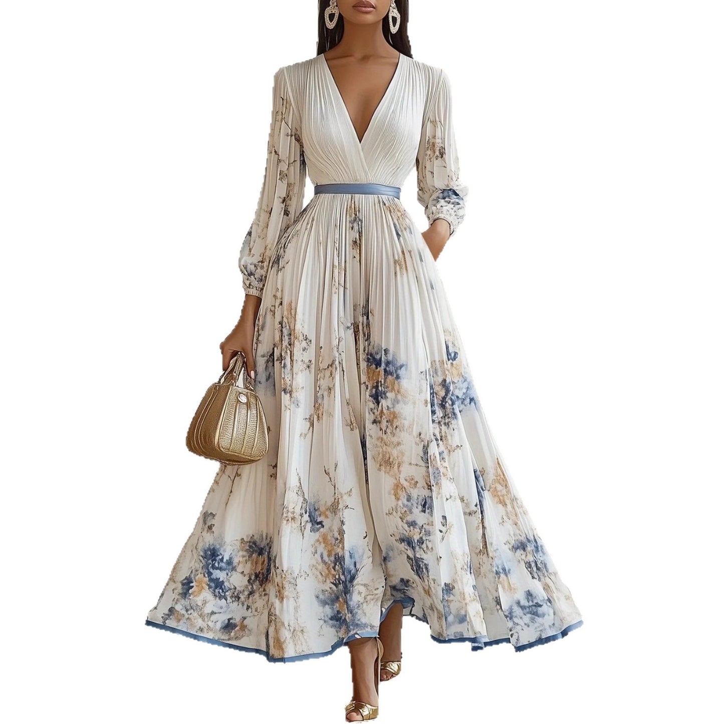 Flower Print Long Sleeve A- Line Dresses