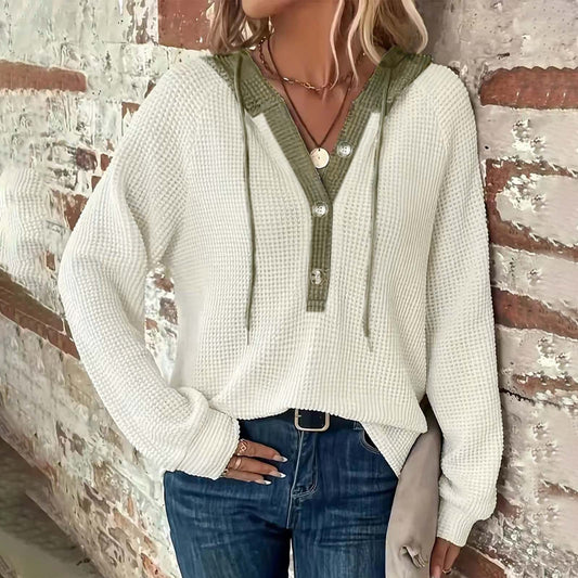 Women's Solid Color Waffle Hooded Button Loose Matching Women's Sweater, Sweater