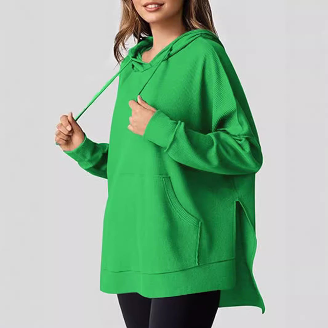 Women's Hoodie Waffle Knitted Side Slit Pullover With Pocket Women's Sweater, Sweater