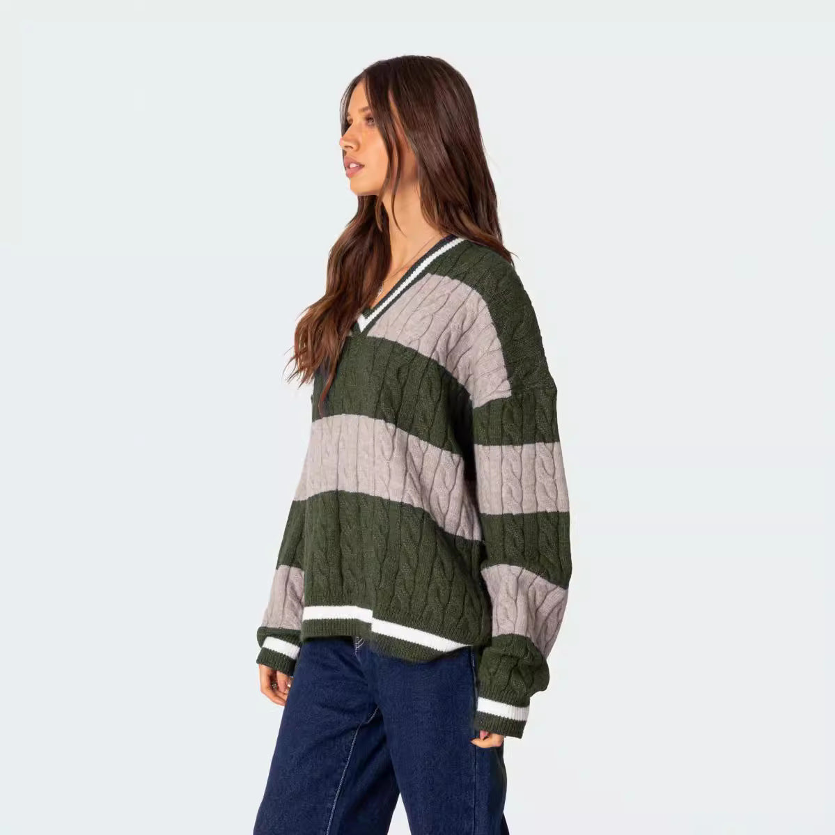 Women's Striped Contrast Color Loose Long Sleeve Sweaters