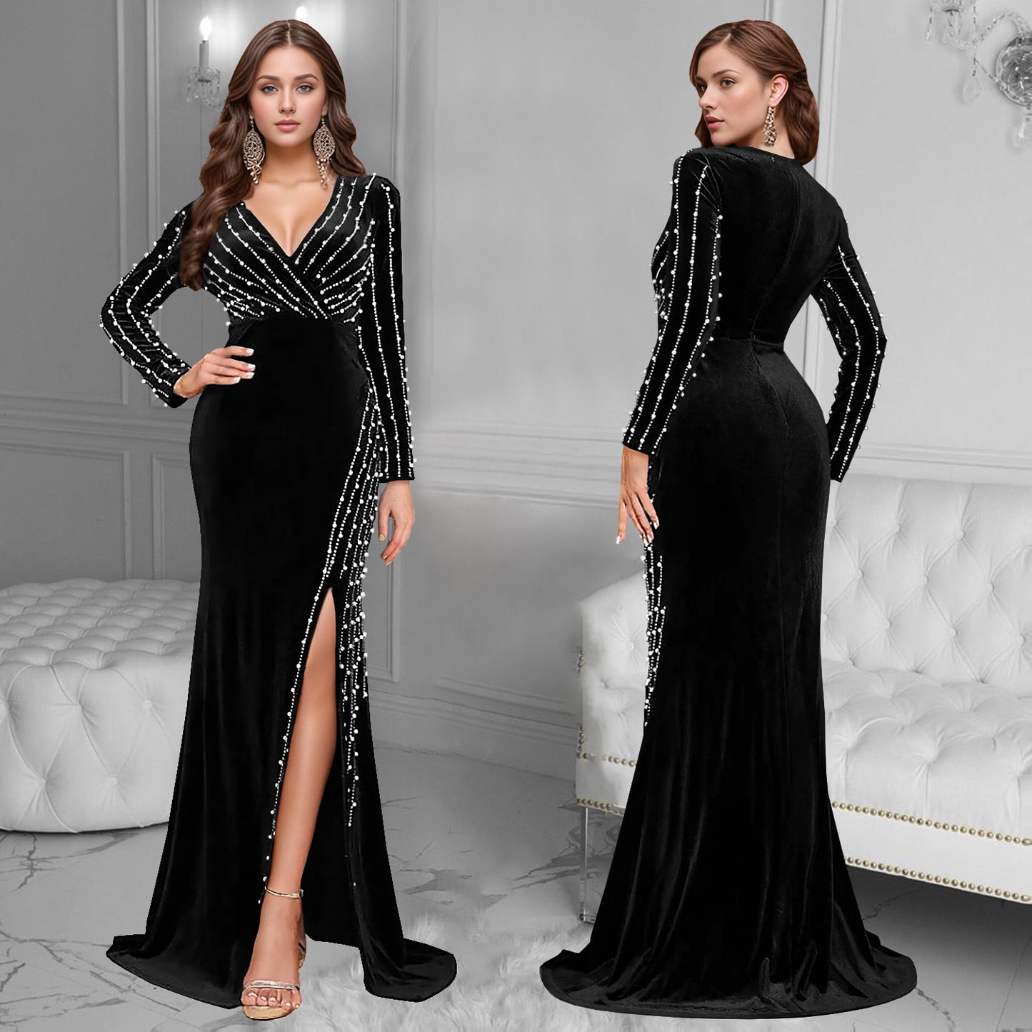 Women's Sexy Deep V Beaded Rhinestone Split Dresses
