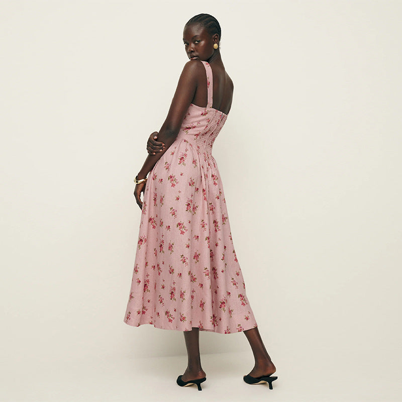 Women's Linen Pink Square Collar Mid-length Vacation Style Dresses