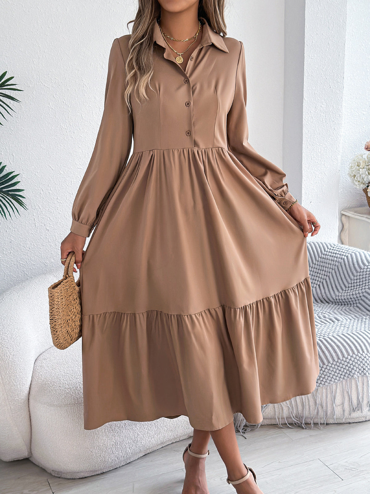 Women's Lapel Casual Loose Long Sleeve Ruffled Clothing