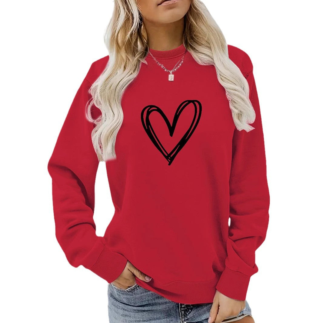 Women's Casual Long-sleeved Round Neck Heart Shape Printed Women's Sweater, Sweater