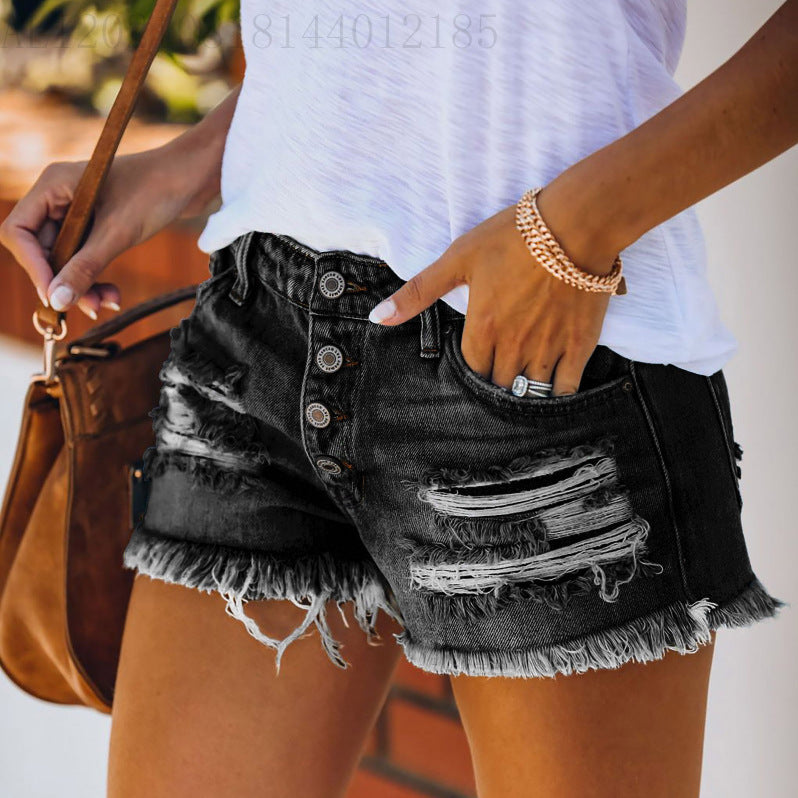 Women's Summer Ripped Tassel High Waist Breasted Women's Jeans