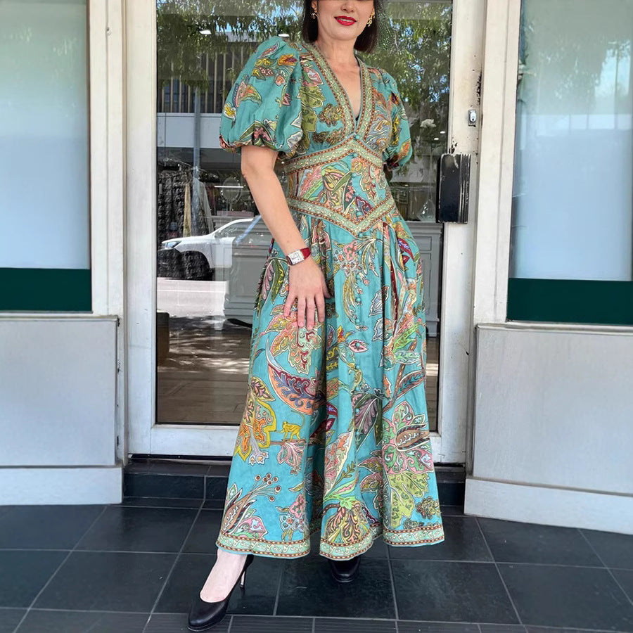 Women's Printed Lantern Sleeve Dress Casual Loose Dresses