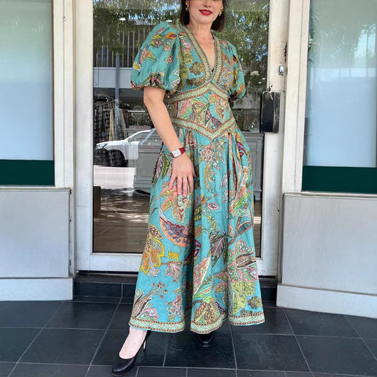Women's Printed Lantern Sleeve Dress Casual Loose Dresses