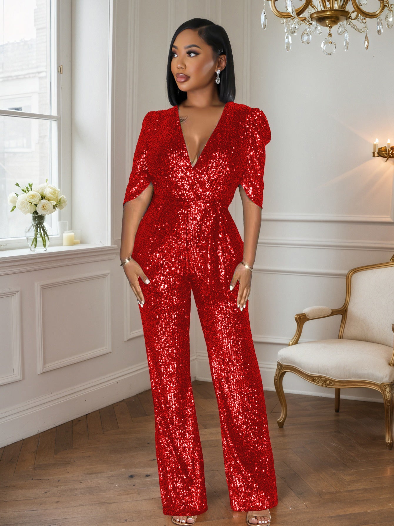 Women's Sexy Half-sleeve Slim Fit Sequined Party Jumpsuits