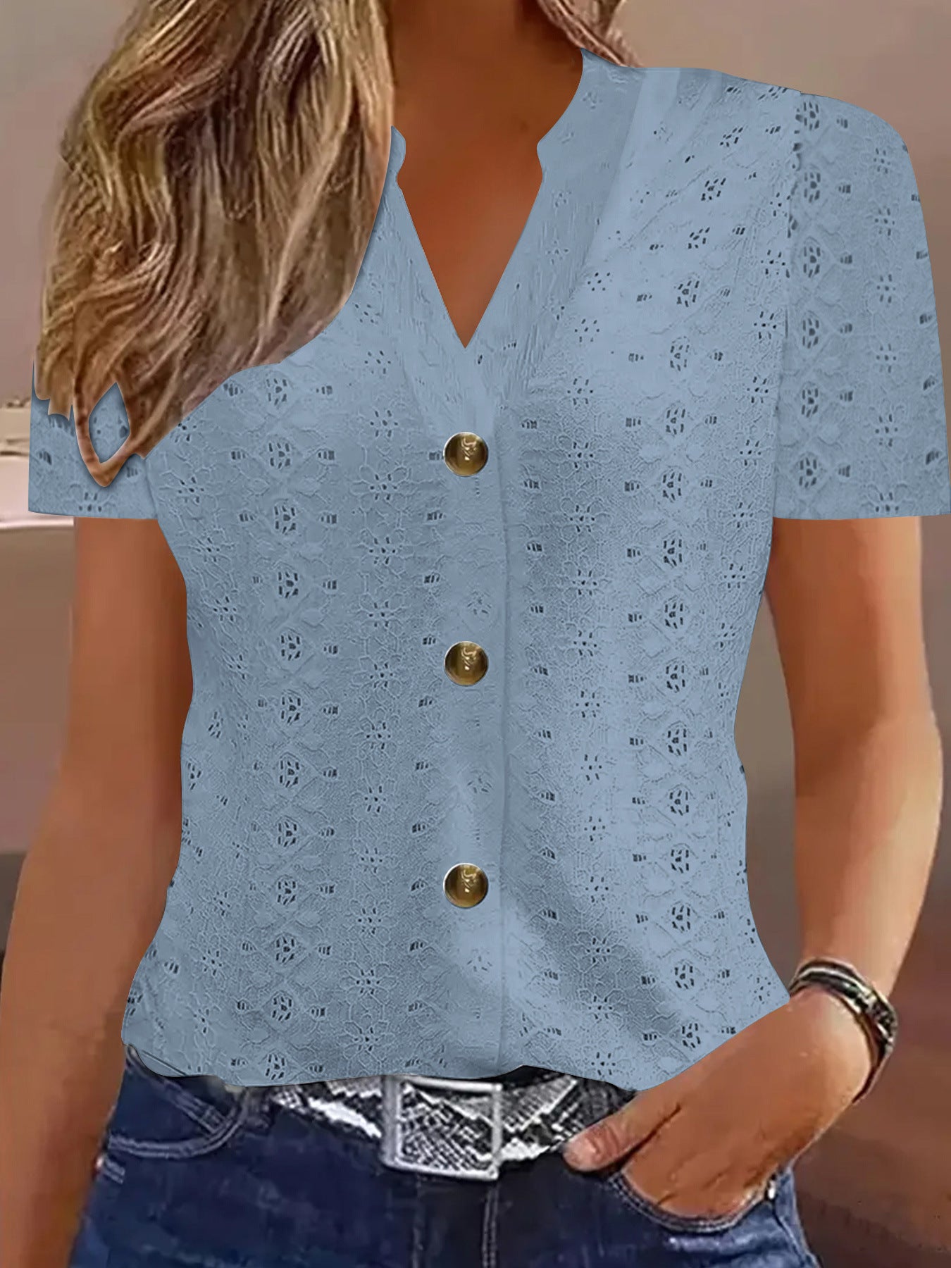 Women's Clothes Fashion Casual Solid Color Buttons Women's T-shirt