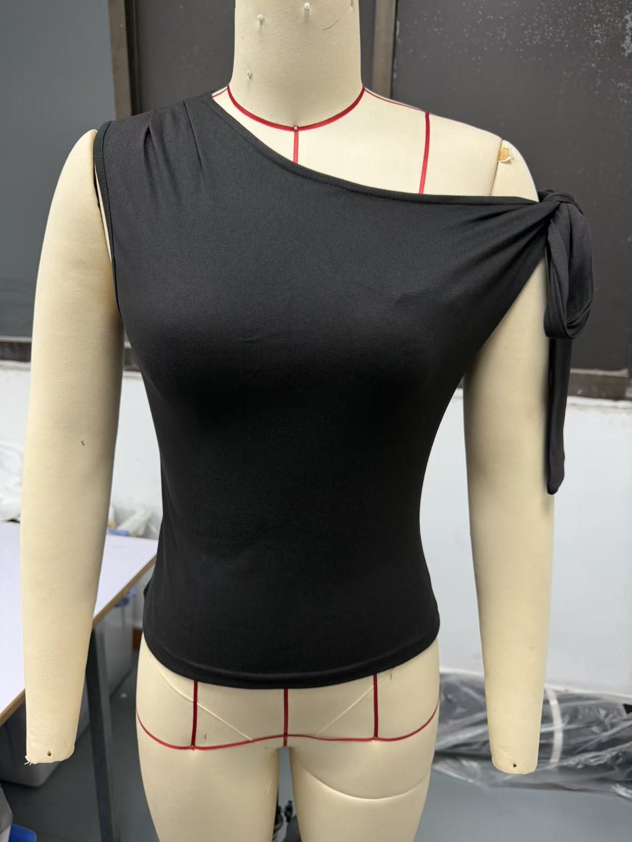 Women's Summer Fashion Street Shooting Ribbon Knot Oblique Tie Solid Color Women's T-shirt