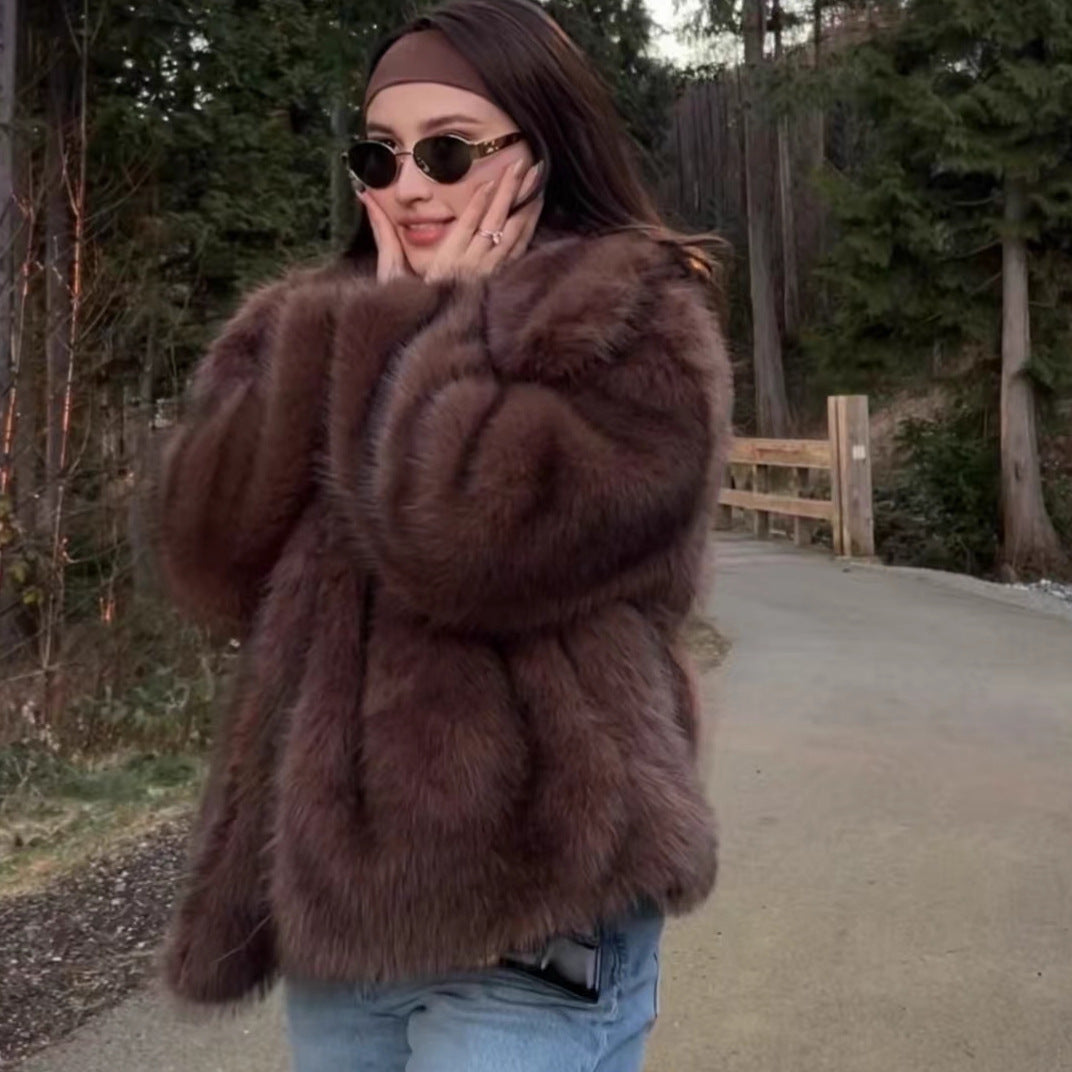 Faux Fur Elegant Lapel Fox Brown Coats