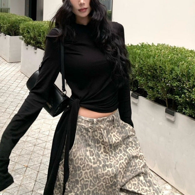 Hot Asymmetric Hooded Long-sleeved T-shirt Slimming Bottoming Blouses
